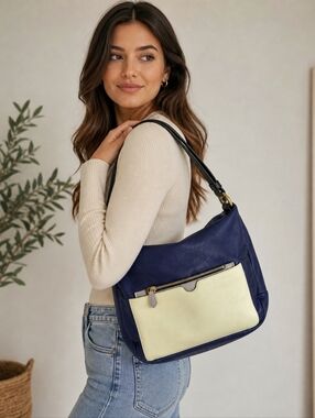 Large Oryany Leather Colorblock Hobo Shoulder Bag Navy Cream w/ Dustbag